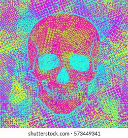 Skull on colored chaotic creative background. Abstract texture. Cool design in grunge style. Urban modern vector illustration.