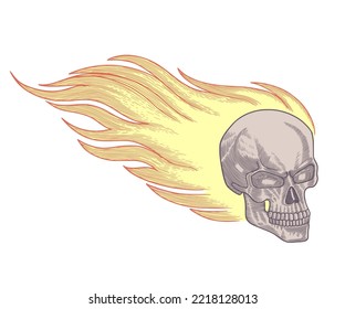 Skull on fire with flame. Vector vintage Engraving drawing style Illustration