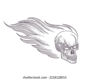 Skull on fire with flame. Vector vintage Engraving drawing style Illustration