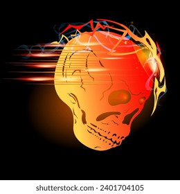 Skull on  Fire with Flames. Illustration of Speeding Flaming Skull from the Side on Black 
