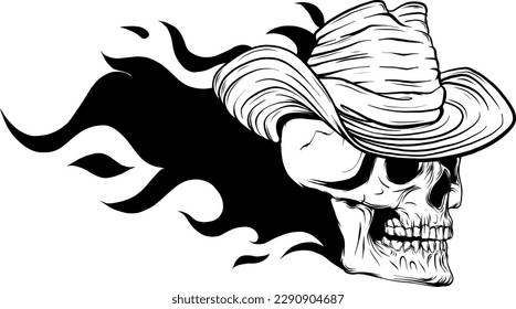 Skull on Fire with Flames Vector Illustration. black and white fire skull