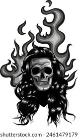 Skull on Fire with Flames Vector Illustration. black and white fire skull