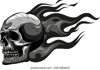 Skull on Fire with Flames Vector Illustration. black and white fire skull