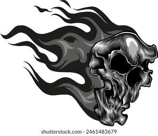 Skull on Fire with Flames Vector Illustration. black and white fire skull