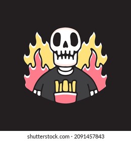 Skull on fire with french fries. illustration for t shirt, poster, logo, sticker, or apparel merchandise.