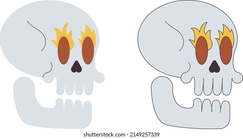 Skull on fire on his eyes in two different styles, flat and line stroke, editable stroke and color, vector illustratrion.