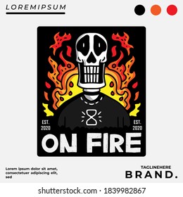 Skull on fire illustration with hipster style. Vector graphics for t-shirt prints and other uses.