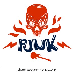 Skull on fire Rock and Roll vector logo or emblem, aggressive skull dead head in flames Hard Rock label, Punk music festival concert or club, musical instruments shop or recording studio.