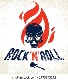 Skull on fire Rock and Roll vector logo or emblem, aggressive skull dead head in flames Hard Rock label, Punk music festival concert or club, musical instruments shop or recording studio.
