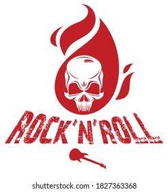 Skull on fire Rock and Roll vector logo or emblem, aggressive skull dead head in flames Hard Rock label, Punk music festival concert or club, musical instruments shop or recording studio.