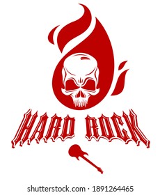 Skull on fire Rock and Roll vector logo or emblem, aggressive skull dead head in flames Hard Rock label, Punk music festival concert or club, musical instruments shop or recording studio.