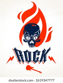 Skull on fire Rock and Roll vector logo or emblem, aggressive skull dead head in flames Hard Rock label, Punk music festival concert or club, musical instruments shop or recording studio.