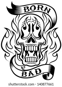 Skull On Fire Tattoo. Skull Is Set Inside Of Two Banners Which Read 