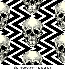 Skull on a geometric background. Vector seamless pattern