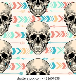  Skull on a geometric background. Vector seamless pattern