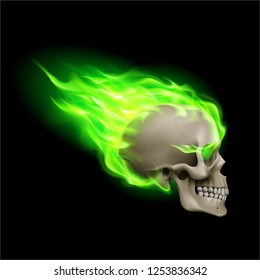 Skull on Green Fire with Flames. Illustration of Speeding Flaming Skull from the Side on Black