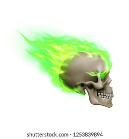 Skull on Green Fire with Flames. Illustration of Speeding Flaming Skull from the Side on White