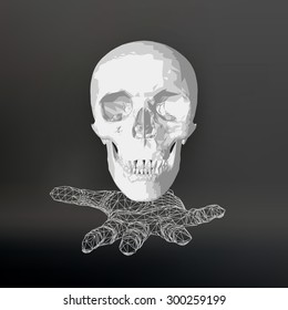 Skull on the hand. The hand holding the skull. Polygon skull. Polygonal hand. Black background. The shadow of the objects in the background.