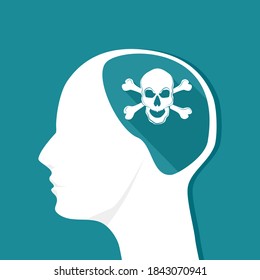 Skull on the human head. Dangerous thoughts. Vector illustration