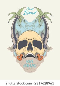 skull on an island with surrounding scenery coconut trees, surfboards, clouds, buoys, balls, party, beach, sea. skull island, vector, summer, island, vacation. print, t-shirt design, merchandise.