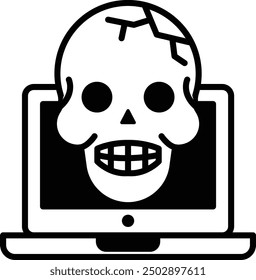 A skull is on a laptop screen. The skull is smiling and has its mouth open. The skull is surrounded by a black border