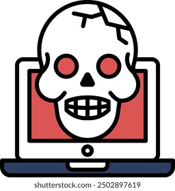 A skull is on a laptop screen. The skull is smiling and has its mouth open. The skull is surrounded by a black border