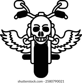 A skull is on a motorcycle with wings. The skull is smiling and the motorcycle is black. The motorcycle is a symbol of freedom and rebellion