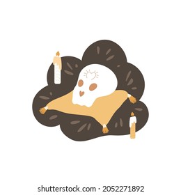 Skull on pillow with candles on abstract shape and textures. Halloween, esoteric, mystical print. Hand drawn vector illustration with cranium.