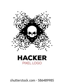 Skull on Pixels Background. Hacker Logo Concept. Vector Illustration.