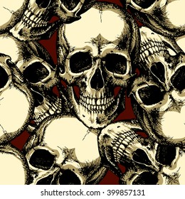 Skull on red background seamless pattern