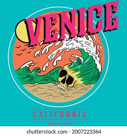 skull on sand and waves with text venice and blue background