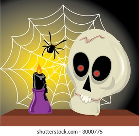 Skull on a shelf with a spider web and candle