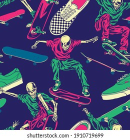 Skull on Skateboard Seamless Pattern. Skeleton Skateboard Background Wallpaper