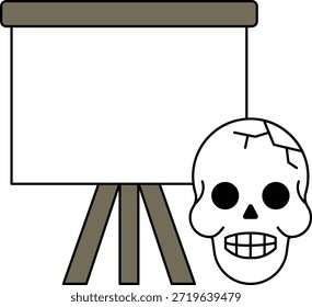 A skull is on a stand next to a white board. The skull has a smile on its face