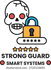 Um crânio com um crânio em cima de uma fechadura com as palavras "Strong Guard Smart Systems" escritas abaixo