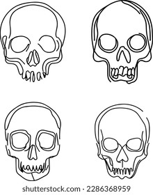 skull one line drawing. Abstract human skull isolated image hand drawn outline white background. Continuous line art minimalism style vector illustration.