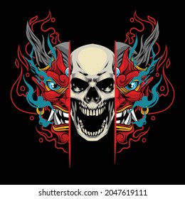 Skull and oni mask illustration with japanese style drawing art