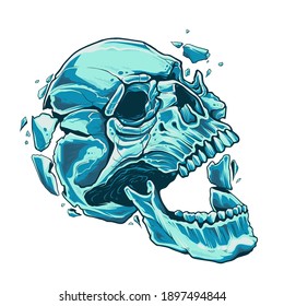 The skull with open moth explodes from within. Blue cracked skull on white background. Vector EPS10 illustration.