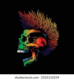 A skull with an open mouth and a punk rock hairstyle. T-shirt design, stickers, print. Hand drawn, not AI