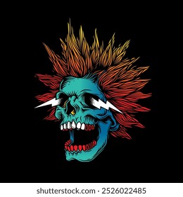 A skull with an open mouth and a punk rock hairstyle. T-shirt design, stickers, print. Hand drawn, not AI