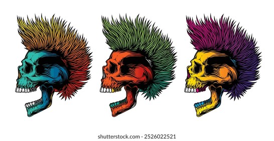 A skull with an open mouth and a punk rock hairstyle. T-shirt design, stickers, print. Hand drawn, not AI