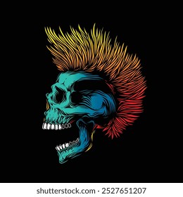 A skull with an open mouth and a punk rock hairstyle. T-shirt design, stickers, print. Hand drawn, not AI