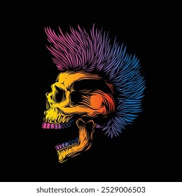 A skull with an open mouth and a punk rock hairstyle. T-shirt design, stickers, print. Hand drawn, not AI