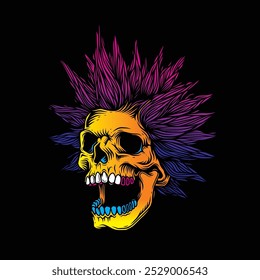 A skull with an open mouth and a punk rock hairstyle. T-shirt design, stickers, print. Hand drawn, not AI