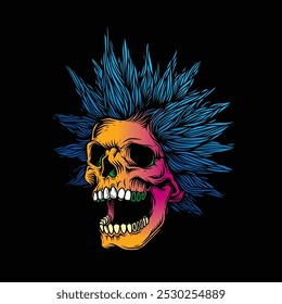 A skull with an open mouth and a punk rock hairstyle. T-shirt design, stickers, print. Hand drawn, not AI