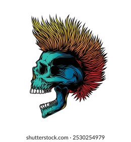 A skull with an open mouth and a punk rock hairstyle. T-shirt design, stickers, print. Hand drawn, not AI