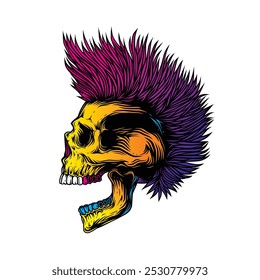 A skull with an open mouth and a punk rock hairstyle. T-shirt design, stickers, print. Hand drawn, not AI