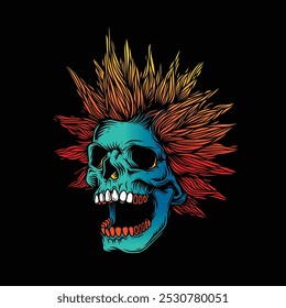 A skull with an open mouth and a punk rock hairstyle. T-shirt design, stickers, print. Hand drawn, not AI