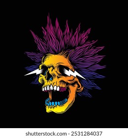 A skull with an open mouth and a punk rock hairstyle. T-shirt design, stickers, print. Hand drawn, not AI