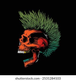 A skull with an open mouth and a punk rock hairstyle. T-shirt design, stickers, print. Hand drawn, not AI